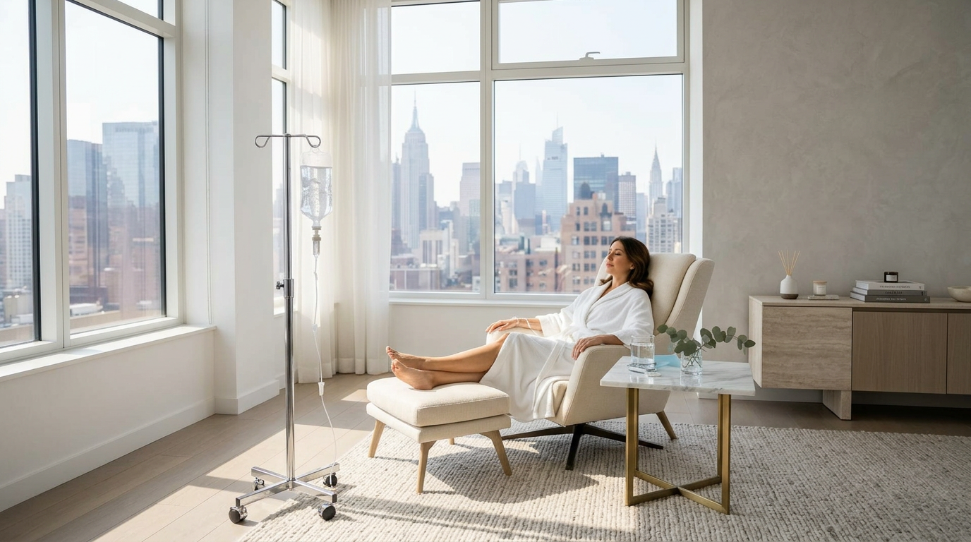 Client relaxing during in-home IV therapy with skyline view