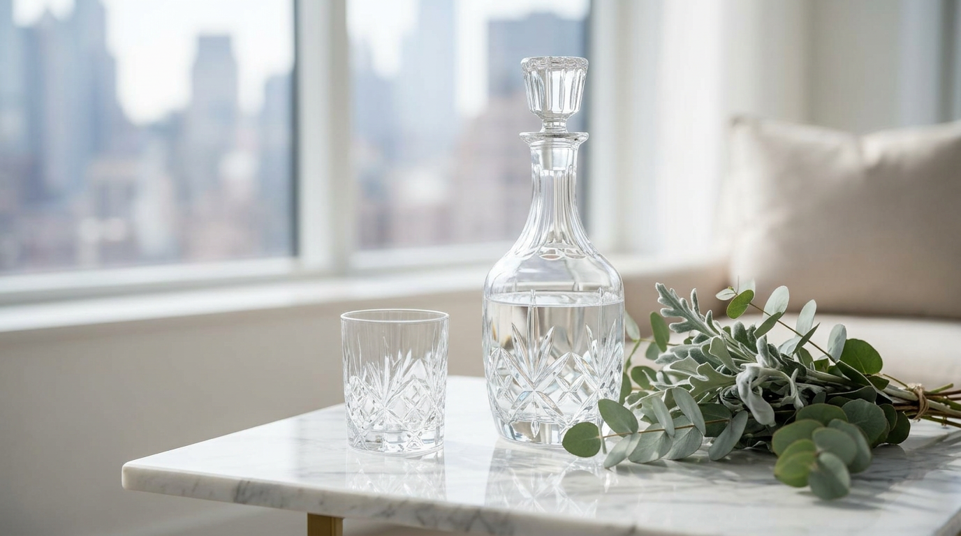 Crystal water carafe with eucalyptus on marble